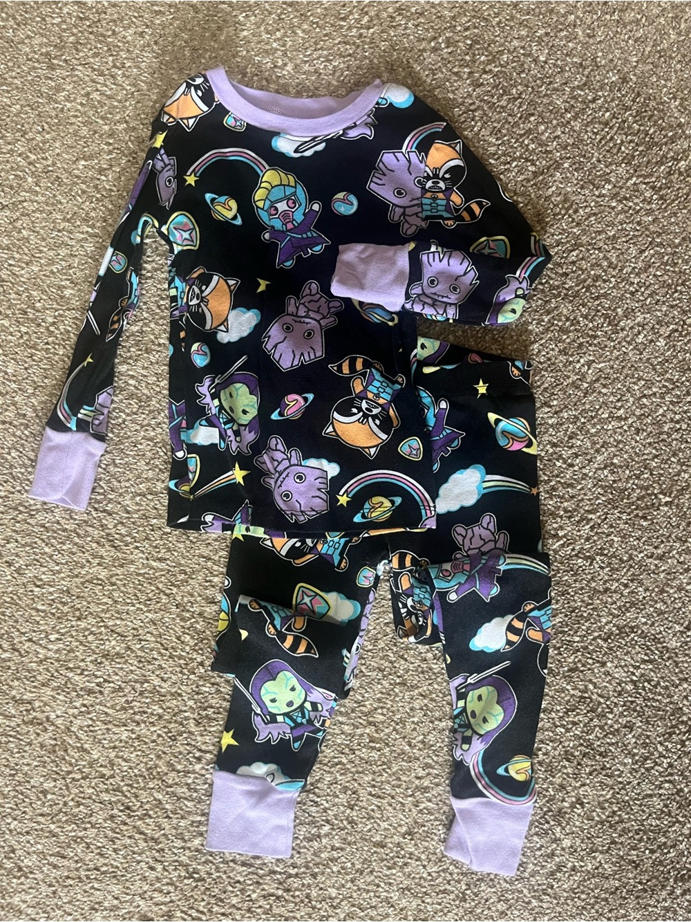 Kids Black Galaxy Character Pajama Set with Lavender Trim